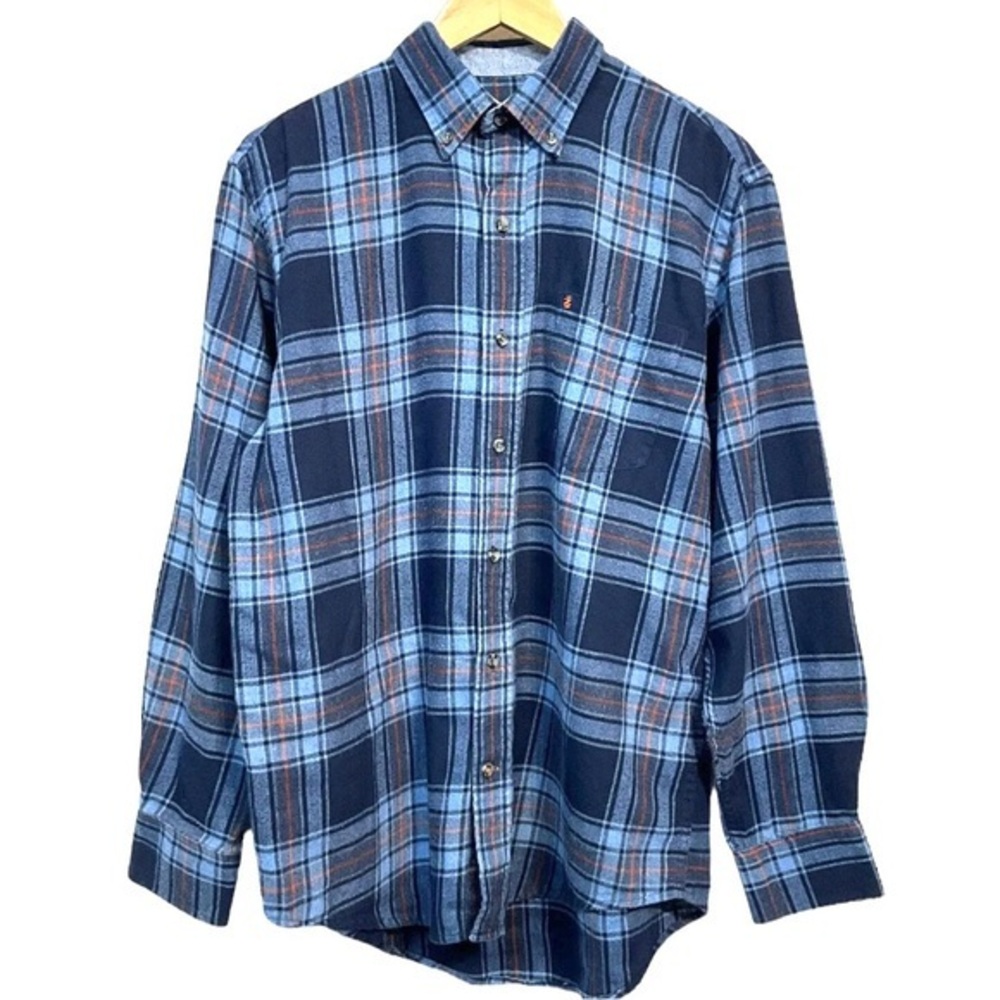 Izod sz L navy blue w orange accent plaid button down long sleeve flannel shirt